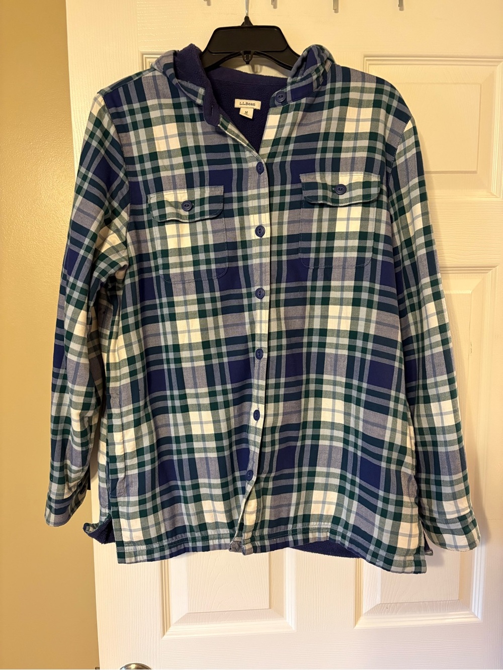 L.L. Bean Blue, Green & White Plaid Hooded Button-Down Shacket